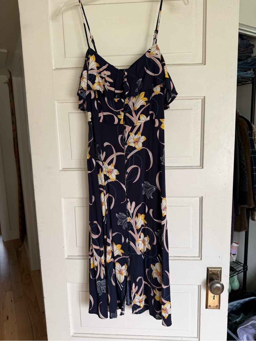 Band of Gypsies Navy Floral Midi Dress with Ruffle